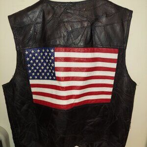 100% Leather Vest Black USA American Flag Biker Mens XL Snap Closure 90s